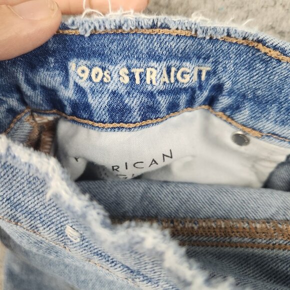 American Eagle 90's Straight Fit Cotton Denim Jeans Womens 6 Long Blue Ripped - Picture 10 of 11